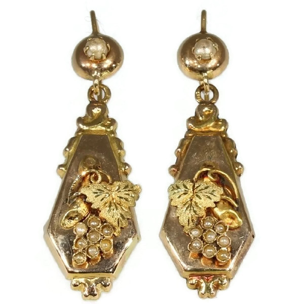 Long pendent gold Victorian earrings with grape motives set with seed pearls